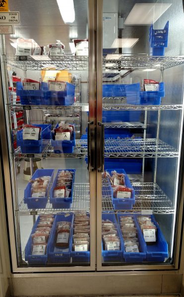 The Blood Bank’s refrigerator stores red blood cell units and is constantly monitored to ensure a quality product.