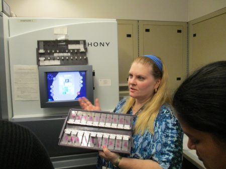 Karen Bordenet demonstrated how the slides are initially stained for the pathologists to review. 