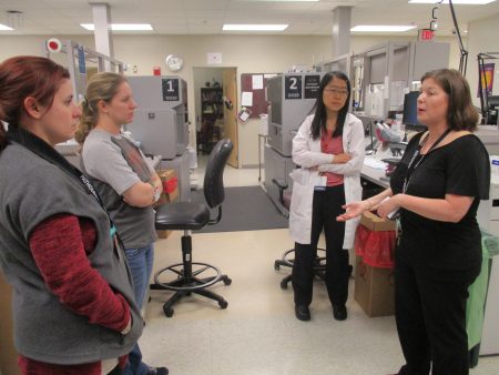 In the sample testing area, Lorraine explained the methodology of the Immucor NEO, an automated blood bank analyzer.